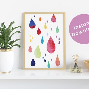 Colourful Raindrops Watercolour Digital Print, instant download, printable, bedroom decor, nursery decor, kids room, boho, rainbow