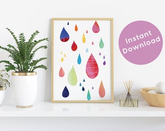 Lámina de acuarela con gotas de lluvia de colores, decoración boho para habitación infantil (descarga digital)