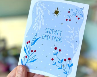 Gold & Silver Foil Holiday Card | Seasons Greetings, Luxury Floral Christmas Greeting