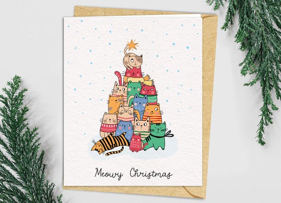 Meowy Christmas Cat Greeting Card, Holiday Cat Lovers