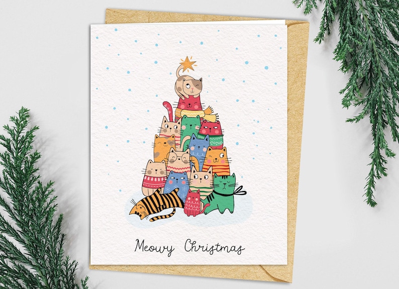 Meowy Christmas Cat Greeting Card, Holiday Cat Lovers image 1