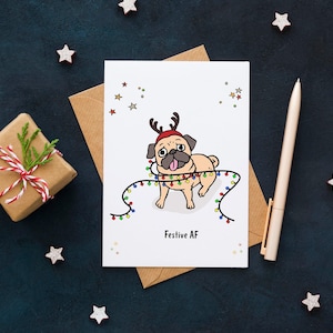 Carte de Noël festive de carlin AF | Cartes De Vœux Des Fêtes | Amoureux des animaux, chien, maman, papa, Noël | Adorable carte carlin | j'aime les carlins
