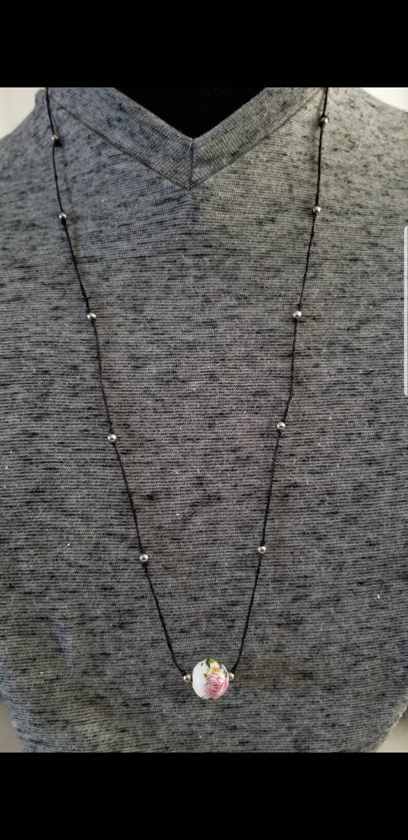 Ceramic Rose and Beads MinimalistBoho Necklace on a Hemp Cord with Matching Earrings