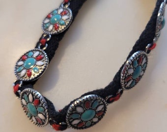 Native American Indian Inspired, Unique Bracelet, Red and Blue Turquoise Enamel on Polyester
