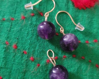 Amethyst Earrings and Pendant Set, 18K Gold Plated, Minimalist Style