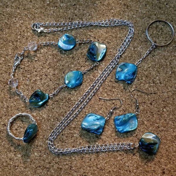 Sale! Necklace, Earrings,Bracelet,Key Chain&Ring One-of-a-kind 6 Piece Blue Memory Shell Set Friendship/Women's Mother's Gifts Made in USA