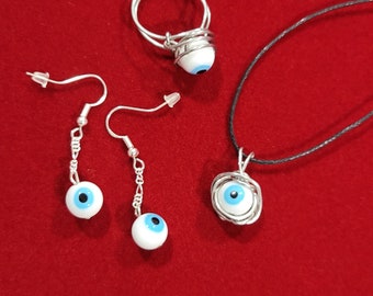 Evil-Eye Set: Glass Eye, Sterling Silver French Hooks, Stainless Steel Wrapped, Pendant Available on a Cotton Cord or Stainless Steel Chain