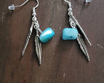 Native American Inspired Feather Earrings, Turquoise, Sterling Silver French Hooks