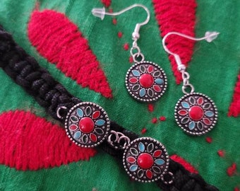 Turquoise Enamel Earrings & Bracelet Set, Sterling Silver Hooks, Handwoven