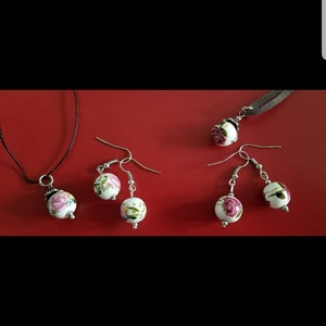 Pink Rose Necklace& Earrings Set Ceramic Beads Charm on a Faux Suede Cord or Hemp Women Unique Gifts for Friends Made in the USA
