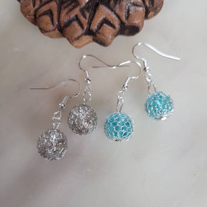 Trendy Earrings Unique Gifts,Blue/Clear Glass Orb 1.5in. Hanging Length, Metal Mesh,Sterling Silver French Hooks Made in USA Sale on2 Pairs