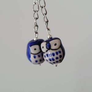 May include: A pair of dangle earrings featuring blue and white owl charms on silver chains.