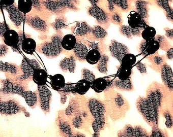 Handmade Black Glass Bead Necklace Set, Sterling Silver Hooks, 25 Inch Length