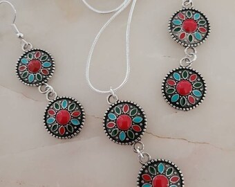 Unique Jewelry Native American Indian Inspired Set Gift One-of-akind Earrings&18in.Necklace Men/Women Turquoise Enamel/French Hooks USA Made