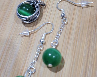 Cat's Eye Gift Set Glass One-of-a-Kind, Stainless Steel Ring&Pendant, .925 Silver Hook Earrings,Funky Women's Mother's Made in USA Green