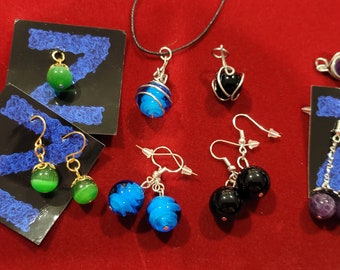 Necklace+Earrings Sets, Purple Amethyst,Cat's Eye Glass,Black Glass,Aqua Glass,Sterling Silver,18KGold Plated,Stainless Steel,Made in USA