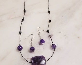 One-of-a-Kind Amethyst & Dragon Vein Agate Necklace Earring Set, Handmade, 24" Necklace,  1.5" Earrings