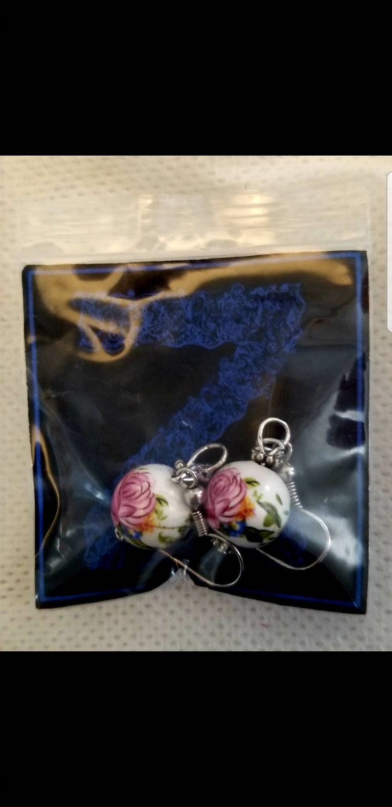 Ceramic Rose and Beads MinimalistBoho Necklace on a Hemp Cord with Matching Earrings