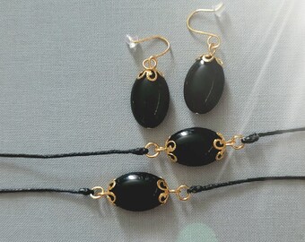 Black Glass Pendant Bracelet & Earrings Set, 18K Gold Plated