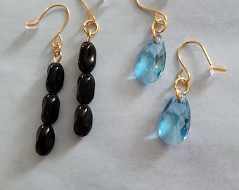 Dangle Earrings, Black Onyx or Blue Crystal Drop, Gold Plated Hooks