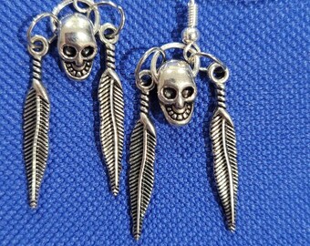 Gothic Skull Feather Earrings, Sterling Silver French Hooks, Made in the USA