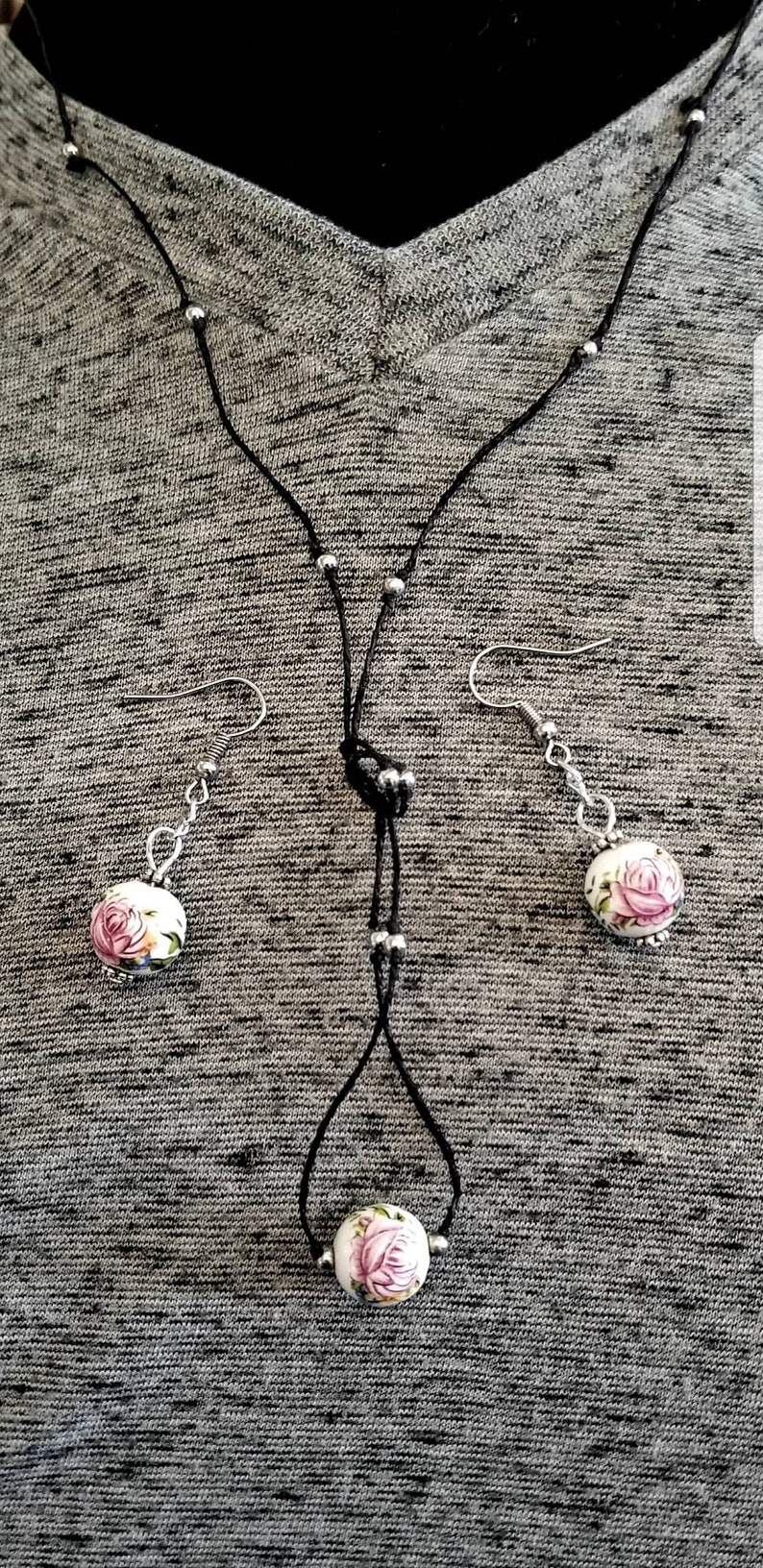 Ceramic Rose and Beads MinimalistBoho Necklace on a Hemp Cord with Matching Earrings