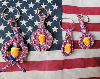 Trump Keychain 3D Printed,  Flag Paracord Hand-sewn, Hand-Painted Eyes, Patriotic Gift