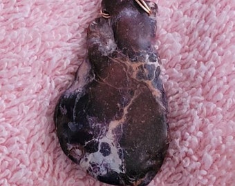 Copper Wrapped Jasper Pendant, Purple-Brown Stone 2.3", Made in USA