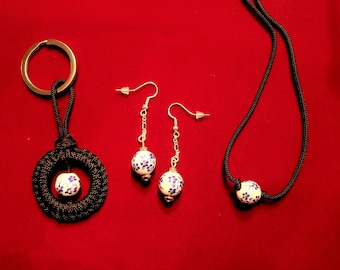 Sale! Ceramic Floral Jewelry Set, Earrings, Keyring, Necklace, Flexible Size