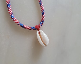 American Paracord Necklace, Cowrie Shell, Hand-Sewn,  Boho Style