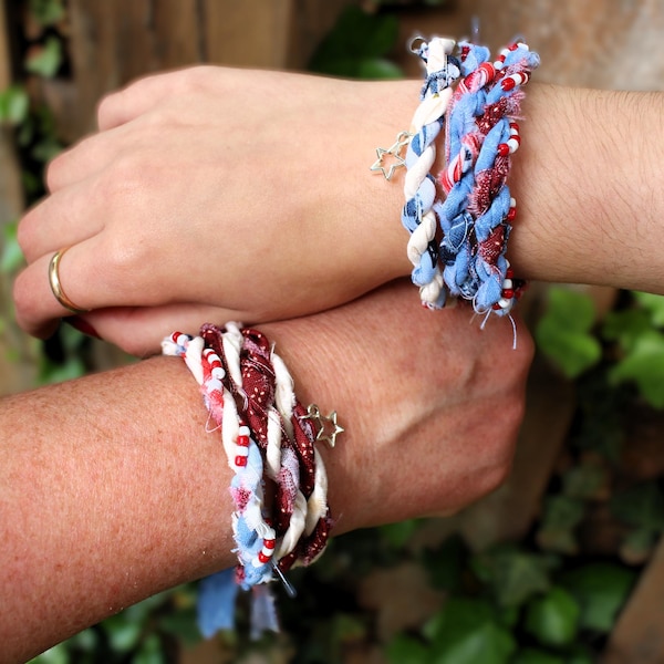 Patriotic Scrap Fabric Bracelet with Star Charm, Beaded Accents, and Button Closure