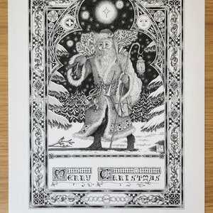 Woodland Santa Claus black and white illustration print