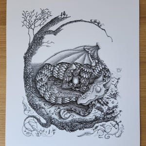 May include: Black and white illustration of a dragon curled up, with a tree and small creatures. The dragon has detailed scales and wings. A small tree with a few creatures on a branch arches over the dragon. The artwork is signed and dated 2015.