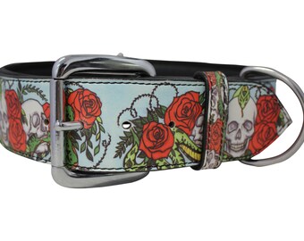 Skull and Rose Tattoo Genuine Inked Leather Dog Collars