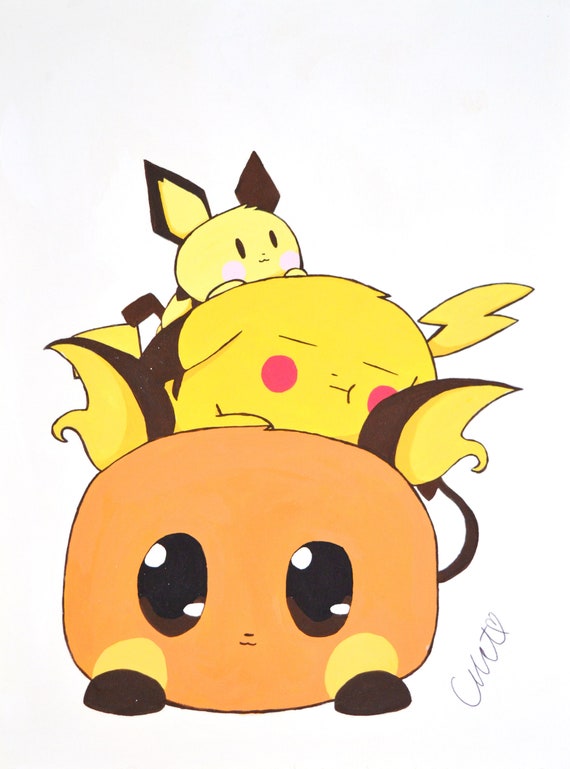 Pichu Pikachu And Raichu Original Watercolor Painting