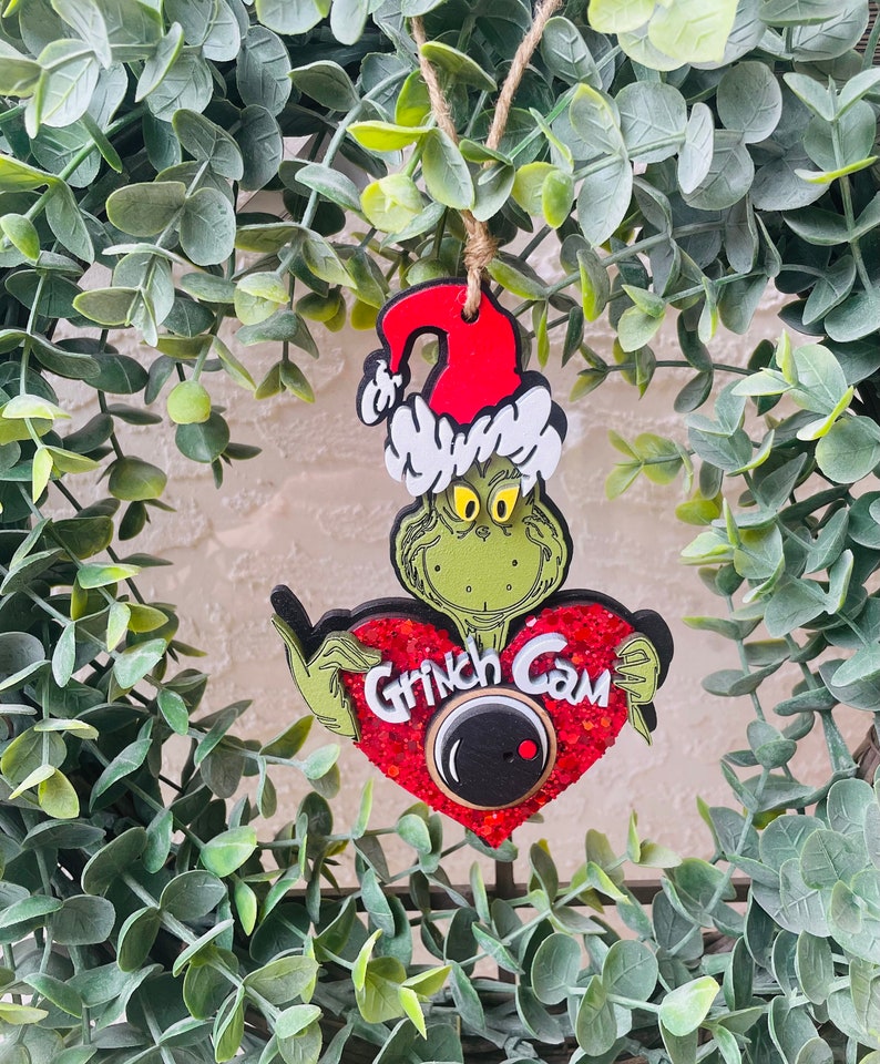 READY TO SHIP Green Monster Cam Ornament, Christmas Stocking Ornament