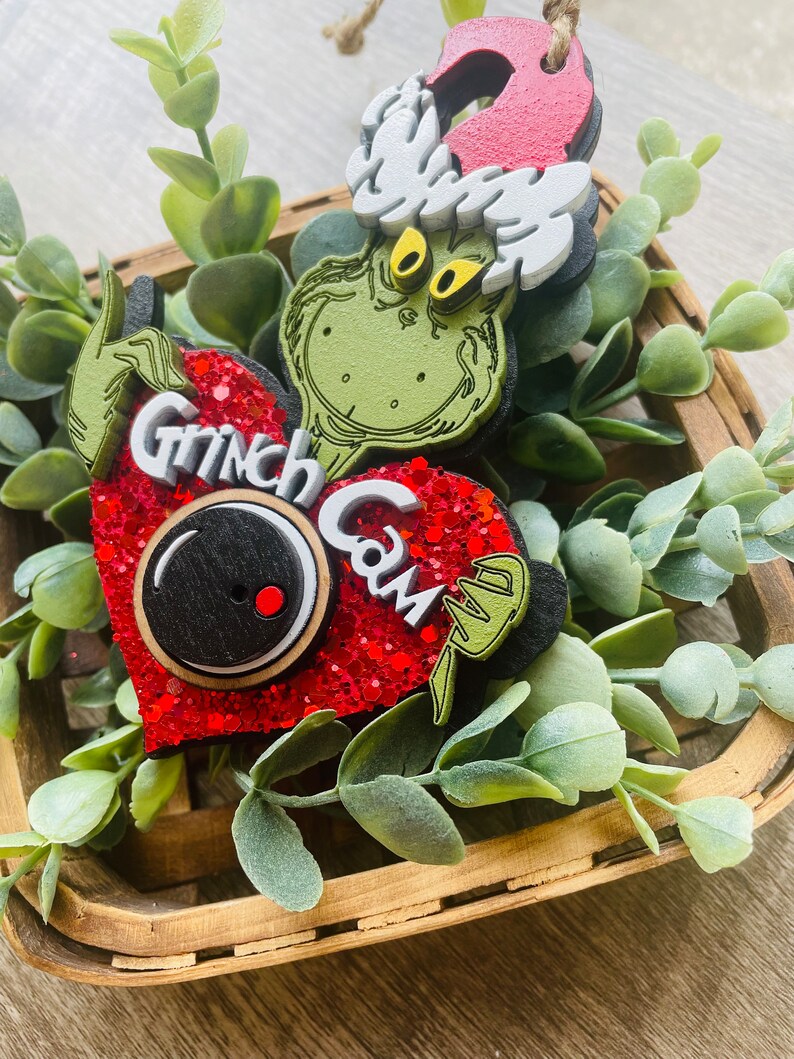 READY TO SHIP Green Monster Cam Ornament, Christmas Stocking Ornament