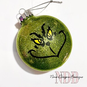 Grinch inspired ornament, Christmas tree ornament, personalized ornament, glitter ornament