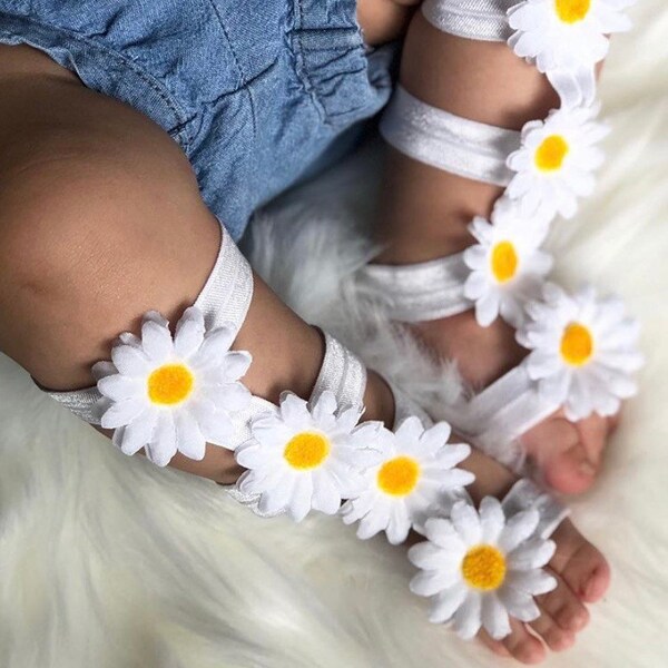 Daisies gladiator barefoot sandals, baby barefoot sandals, cakesmash sandals, birthday sandals, photoprop sandals, floral barefoot sandals