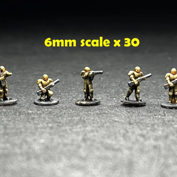 Soldados a escala de 6 mm, treinta (30) figuras en 5 poses, 5 bases hexagonales, soportes removidos, SIN PINTAR, ¡esto NO es un juguete!