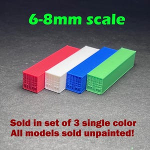 May include: Four miniature shipping containers in red, white, blue, and green. The containers are 6-8mm scale and sold in sets of three. All models are sold unpainted.