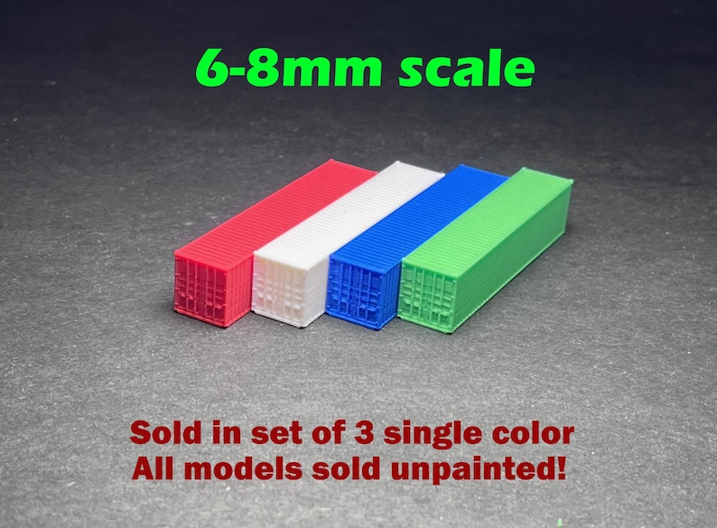 May include: Four miniature shipping containers in red, white, blue, and green. The containers are 6-8mm scale and sold in sets of three. All models are sold unpainted.