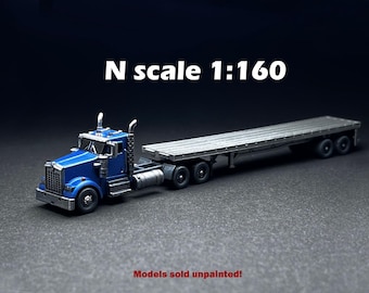 N Scale (1:160)  American W900L Semi Tractor with Flatbed Trailer- UNPAINTED, this is NOT a toy!