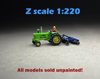 Z Scale (1:220) UNPAINTED One (1) 4020 tractor with harrow - NOT a toy!