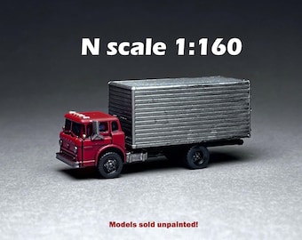May include: A red and silver N scale model truck with a box body. The truck is 1:160 scale and is sold unpainted.  N scale model trucks are popular for model railroading.