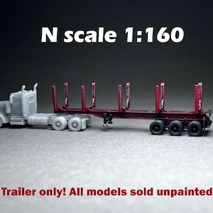 May include: N scale 1:160 model of a log trailer. The trailer is made of gray plastic and has a red metal frame. The trailer is unpainted and is sold as a single unit. Trailer only! All models sold unpainted!