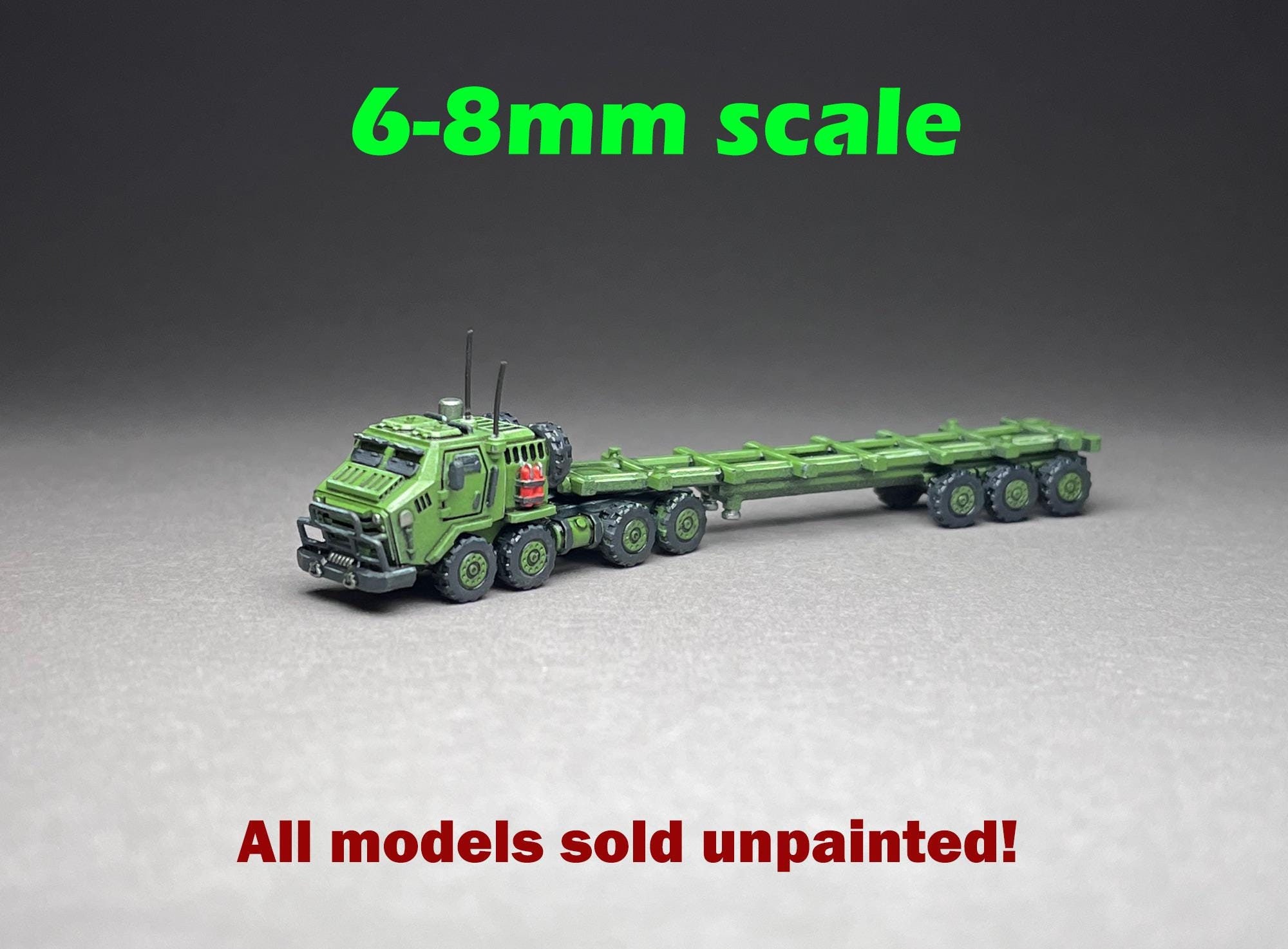 6-8mm scale (1x) FARGO 8x8 armored semi with chassis trailer (container not included), 3.5 inches long, UNPAINTED, NOT toy!