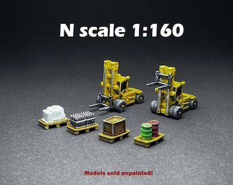 N Scale (1:160)  Two (2) Forklift trucks with 4 loads- UNPAINTED, this is NOT a toy!
