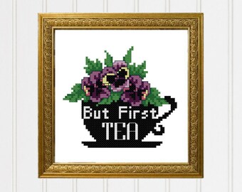 But First Tea Cross Stitch Pattern floral cross stitch pansy cross stitch tea cross stitch pansy chart tea cross chart #11-020