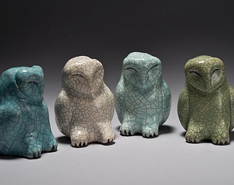Barn Owl, Raku Fired Barn Owl in Crackle glazes, Inuit inspired Owl Sculpture, Wisdom, Graduation,